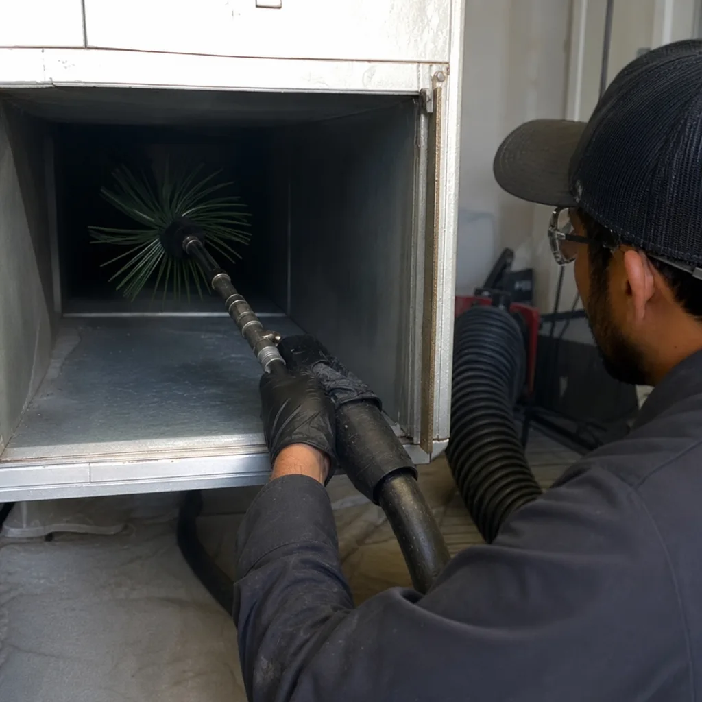 Technician using a rotating brush tool for professional air duct cleaning