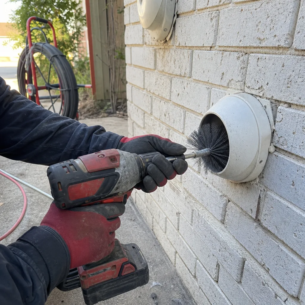 Technician using a drill brush attachment for professional dryer vent cleaning